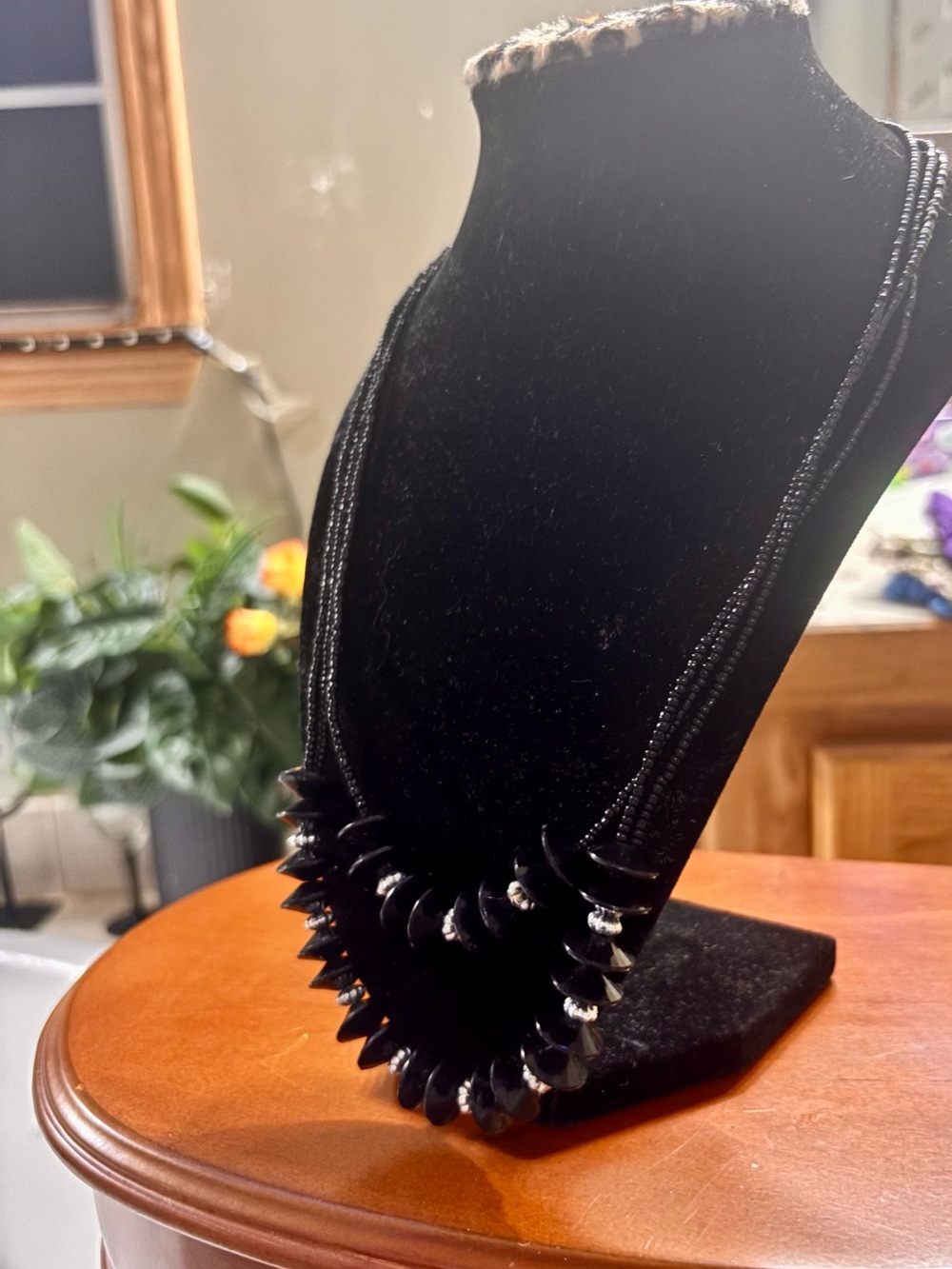 Black Beaded Statement Necklace - Layered Spike Design